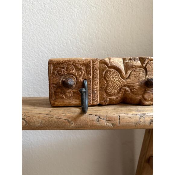 Vintage Carved Wood Wall Rack with 2 Iron Hooks - Picture 2 of 7